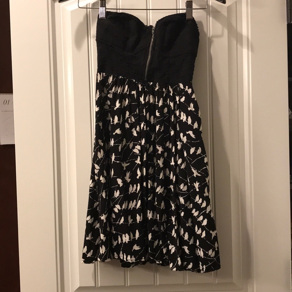 Black strapless dress with birds
